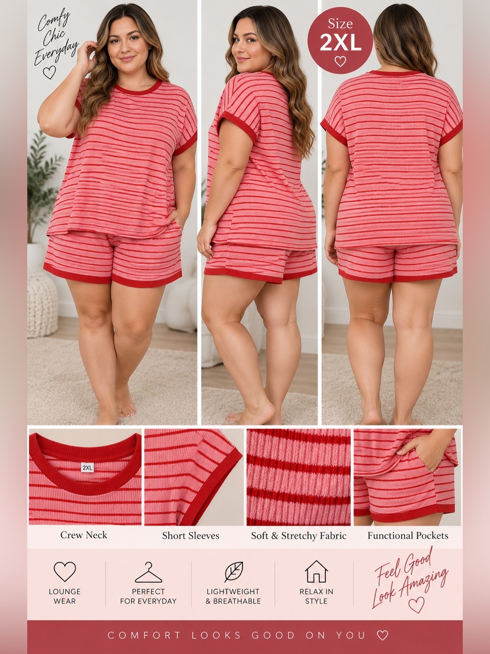 Everyday Striped Short Sleeve Pajama Set - Red